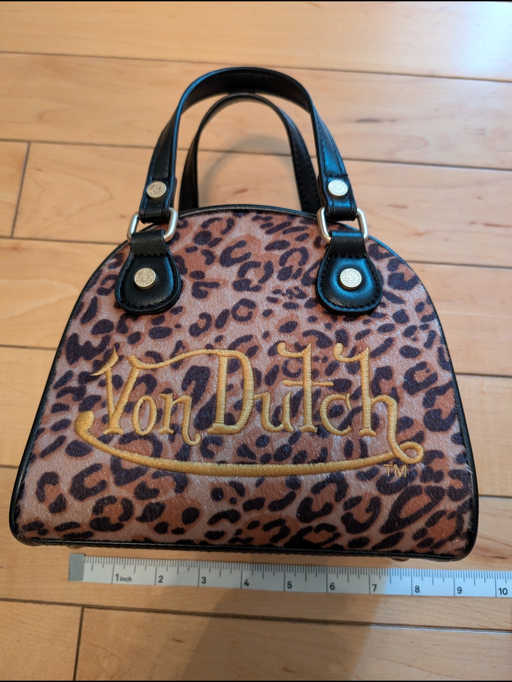 Von Dutch Leopard Print Satchel Handbag in Brown